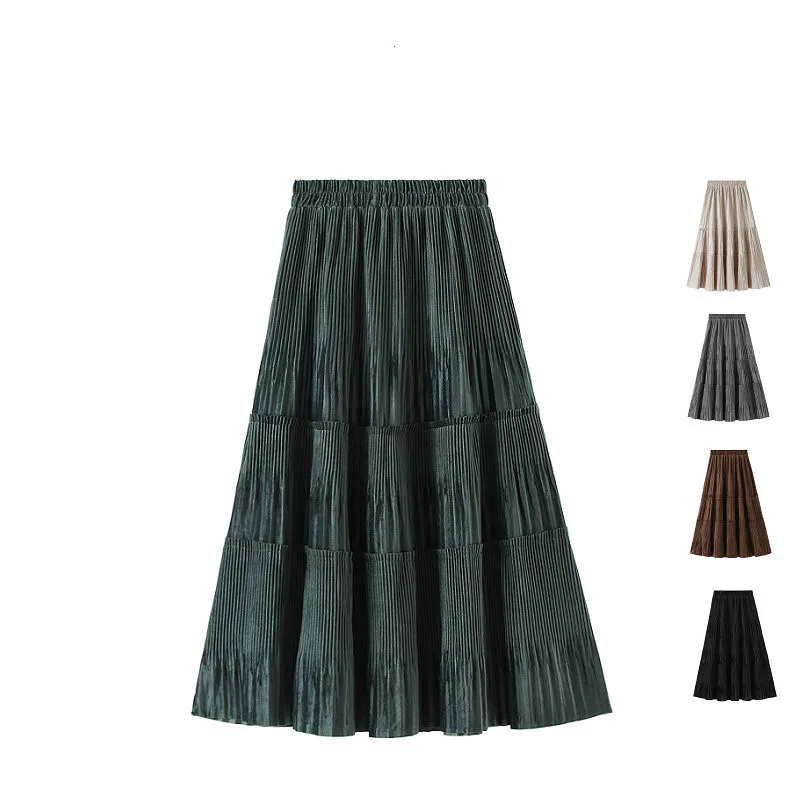 Solid Color Female Vintage Long Velvet Pleated Skirt Women Spring Autumn Elegant Fashion Ladies High Waist A line Skirt