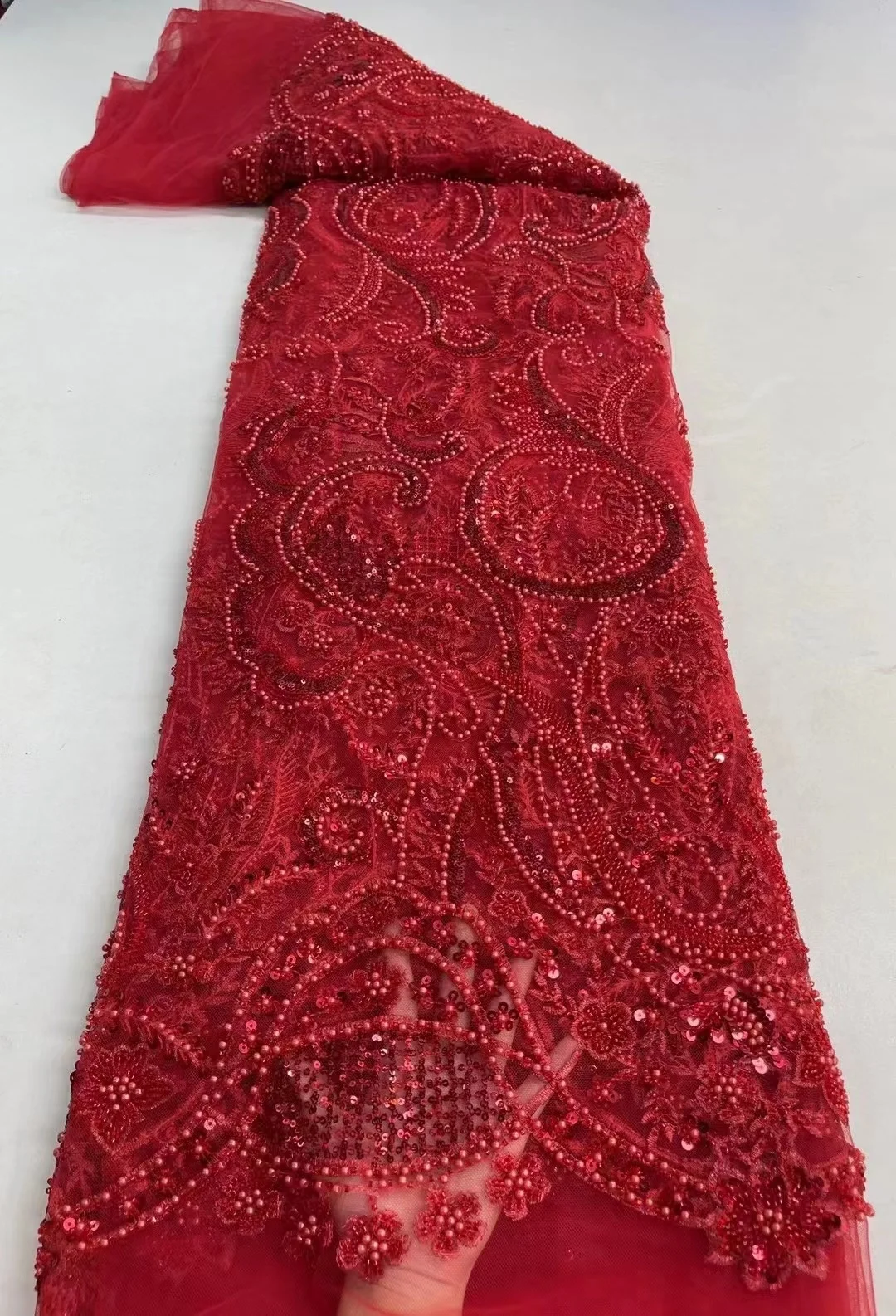 

Red Sequins Beaded Embroidery French Tulle Lace Fabric 2022 High Quality African Net Lace Fabric For Wedding Dress