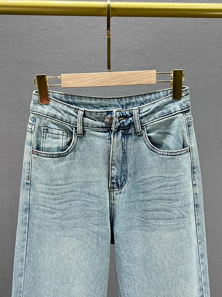 Женские джинсы с высокой талией DEAT прямые брюки из голубого денима широкими