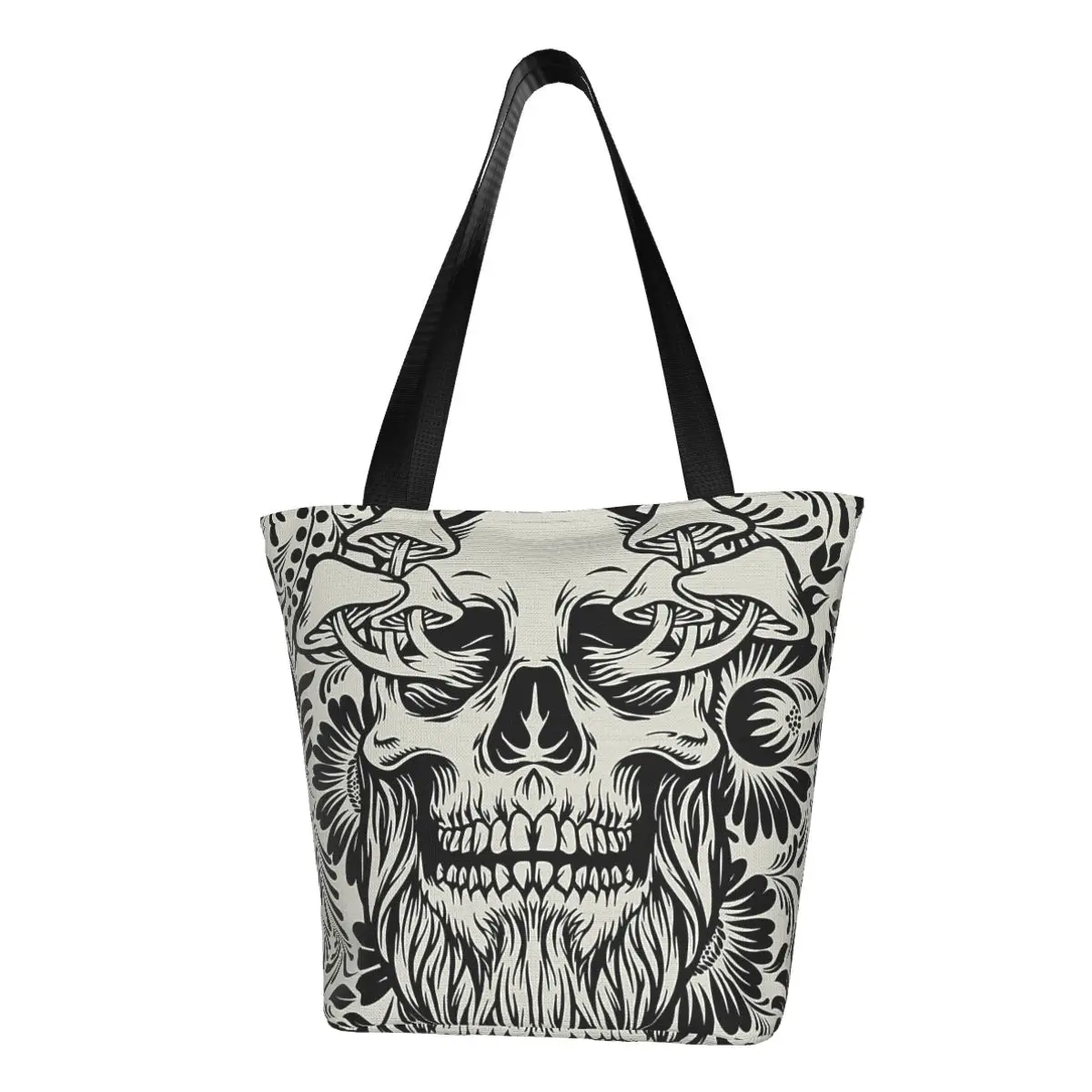 Skull Mushrooms  Gray & Black Goth Polyester outdoor girl handbag, woman shopping bag, shoulder bag, canvas bag, gift bag