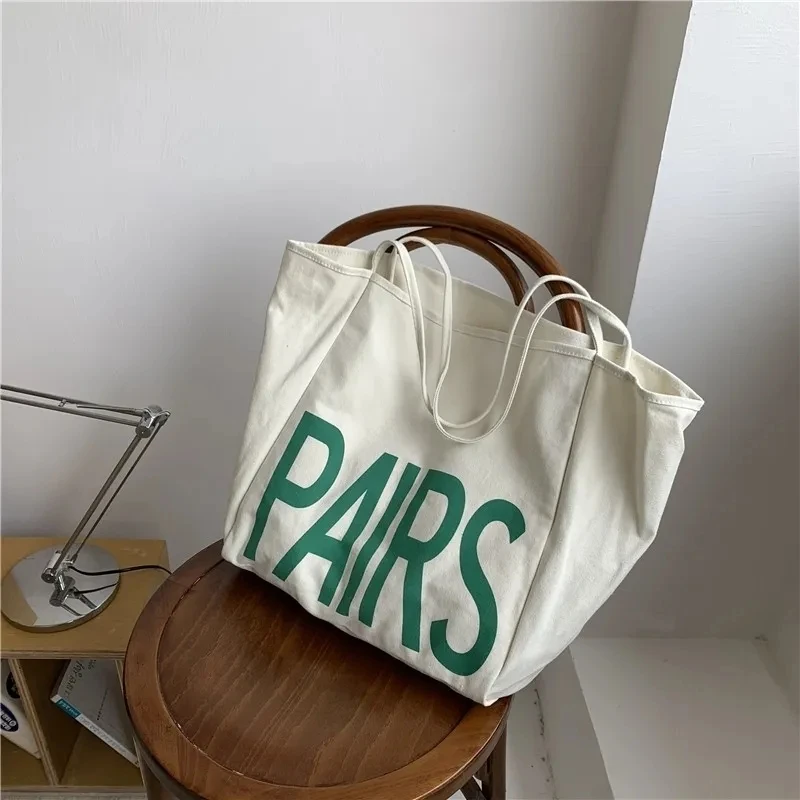 

2022 Women Canvas Shoulder Bag Pairs Print Causal Handbag Tote Bag Solid Color Large Capacity Cotton Reusable Shopping Beach Bag