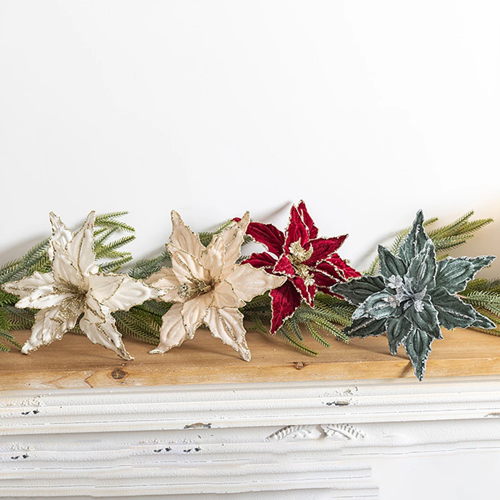 Рождественский цветок 26 см красное золото блестящий флис имитация