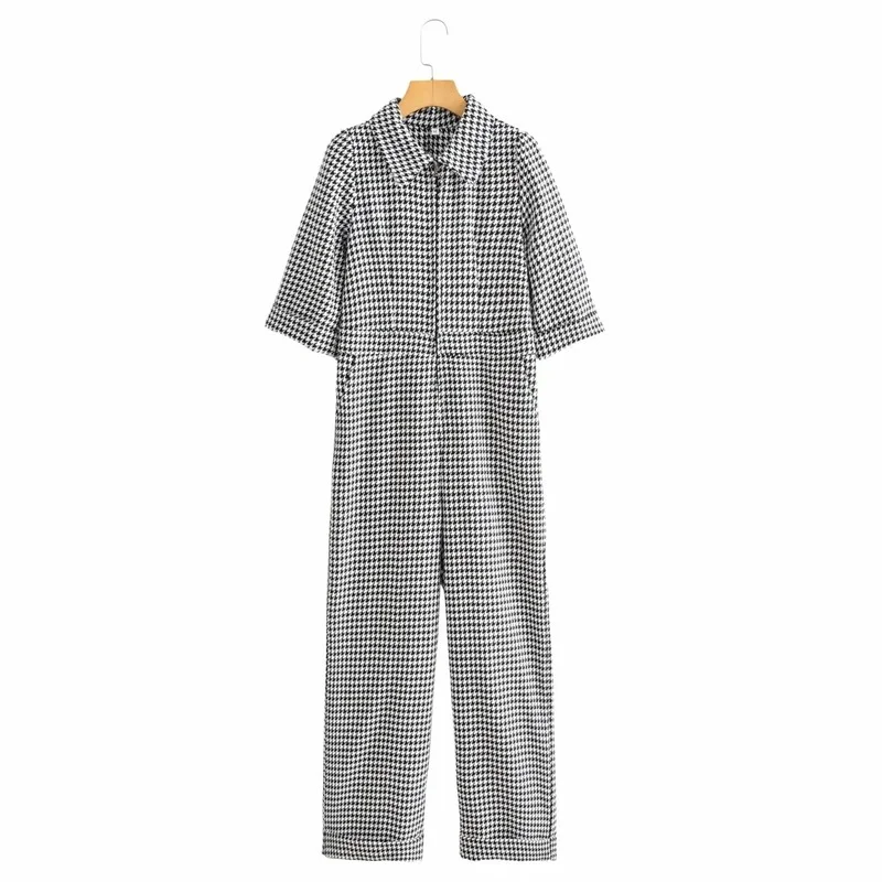 Plaid Wide Leg Knitted Jumpsuit Women's Winter Chic Zipper 3/4 Sleeve Pocket Jumpsuit Workwear Plaid 2023 New Fashion