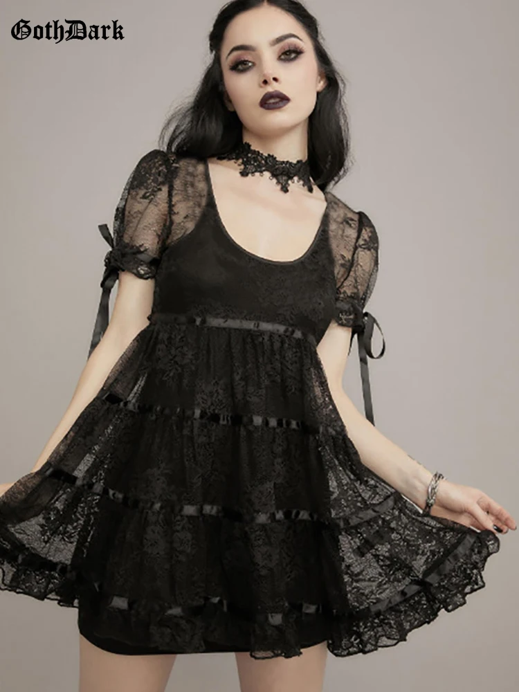 

Goth Dark Lace Mall Gothic Aesthetic Black Women Dresses Grunge See Through Sexy Puff Sleeve Mini Dress A-line Summer Partywear