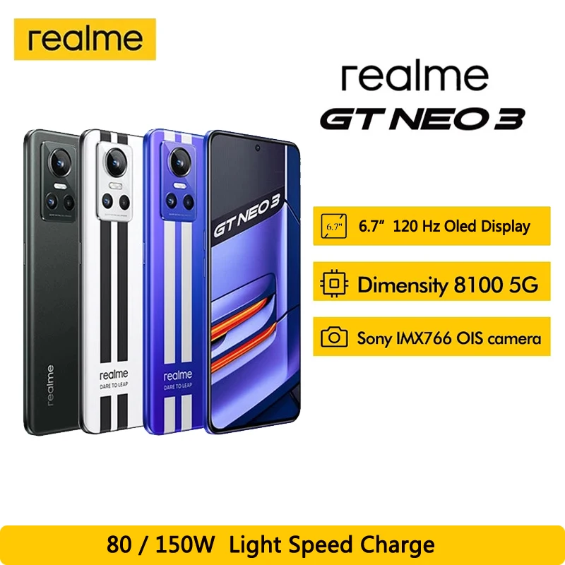 Original Realme GT Neo 3 5G Mobile Phone 80/150W Super Charge Dimensity 8100 6.7