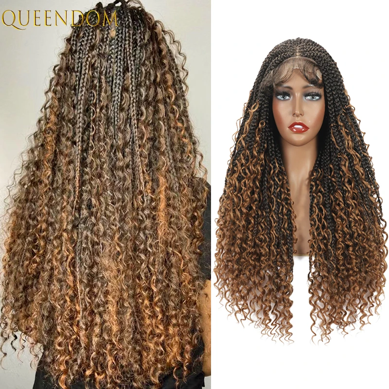 Synthetic Bohemian Box Braided Lace Front Wigs with Baby Hair  Brown Red Swiss Lace Front Wig Curly End for Black Women Perruque