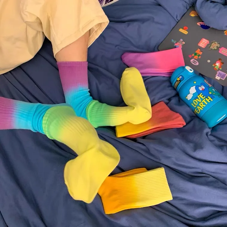 Gradient Color Tie-Dye 10 Pairs Mid-Calf Socks Spring and Summer Solid Color Street Skateboard Socks Women's Mid-Calf Socks