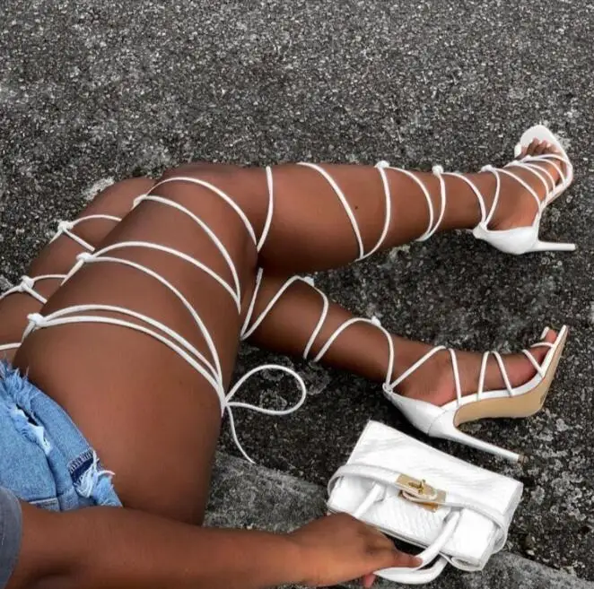 

2022 New Women Gladiator Knee High Sandals Open Toe Lace Up Cross Strappy Sandals Women High Heels Fashion Sexy Shoes