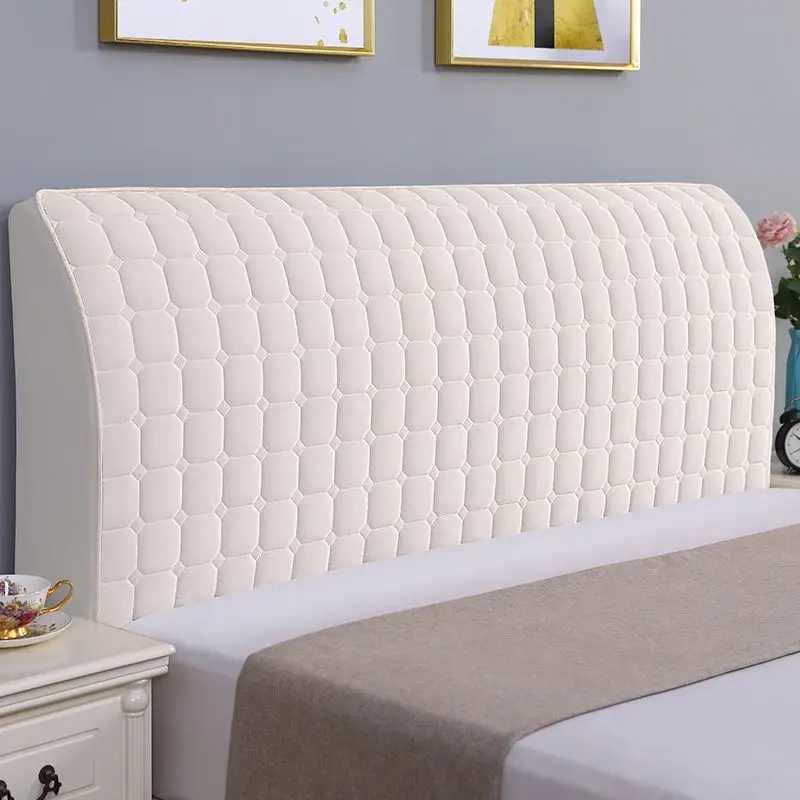 

High-end Pure Color Home Bedhead Cover Checkered Print Quilted Bed Backrest Dust Cover Milk Fleece Elastic Bedhead Protect Cover
