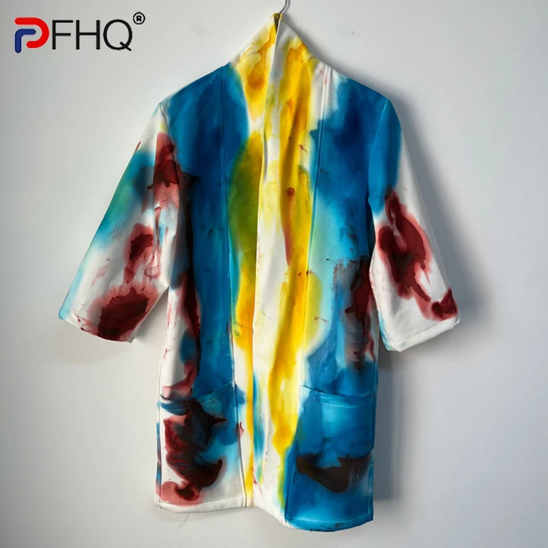 

PFHQ Autumn Men's Chic Handmade Splashed Ink Dyed Trench Coat Persomelity Loose Contrast Color Print Sports Windbreaker 21Z1026