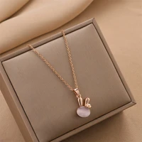 opal rabbit pendant stainless steel necklace for girls womens o link chains aesthetic do not darken jewelry women accessories