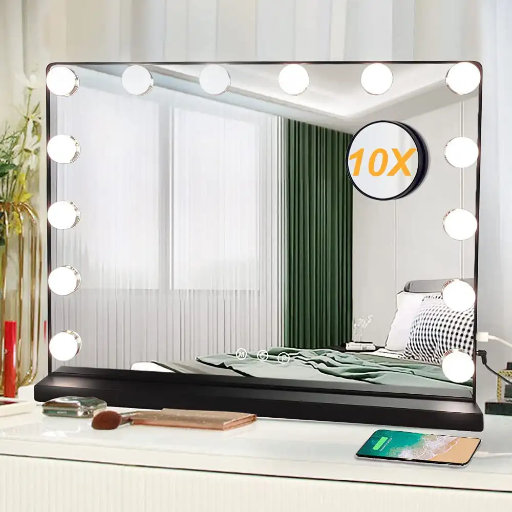 

HMTX Vanity Mirror with Lights,Magnifying Mirror with Light,Touch Control, USB Outlet, 3 Color Dimmable, Removable Magnifying Mi