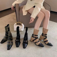 spring and autumn sexy belt buckle back zipper short boots square toe fashion chelsea womens boots khaki fashion womens boots