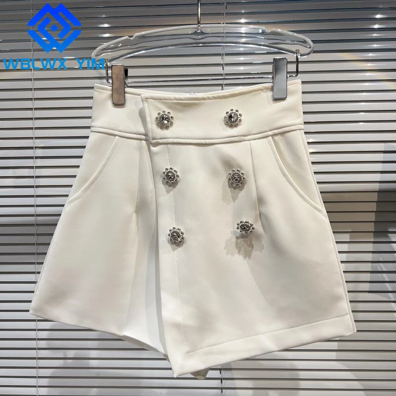 

High Waist Shorts Skirts Women Pocket Fashion Diamond Double breasted Shorts 2022 Summer Loose Wide leg Short Pants Female