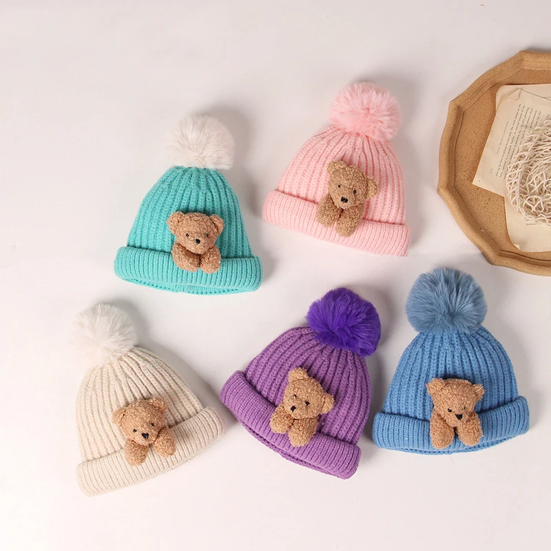 

Cartoon Bear Baby Hat Cute Big Ponpom Autumn Winter Toddler Girls Warm Knitted Beanie Hat Outdoor Crochet Thicken Infant Bonnet
