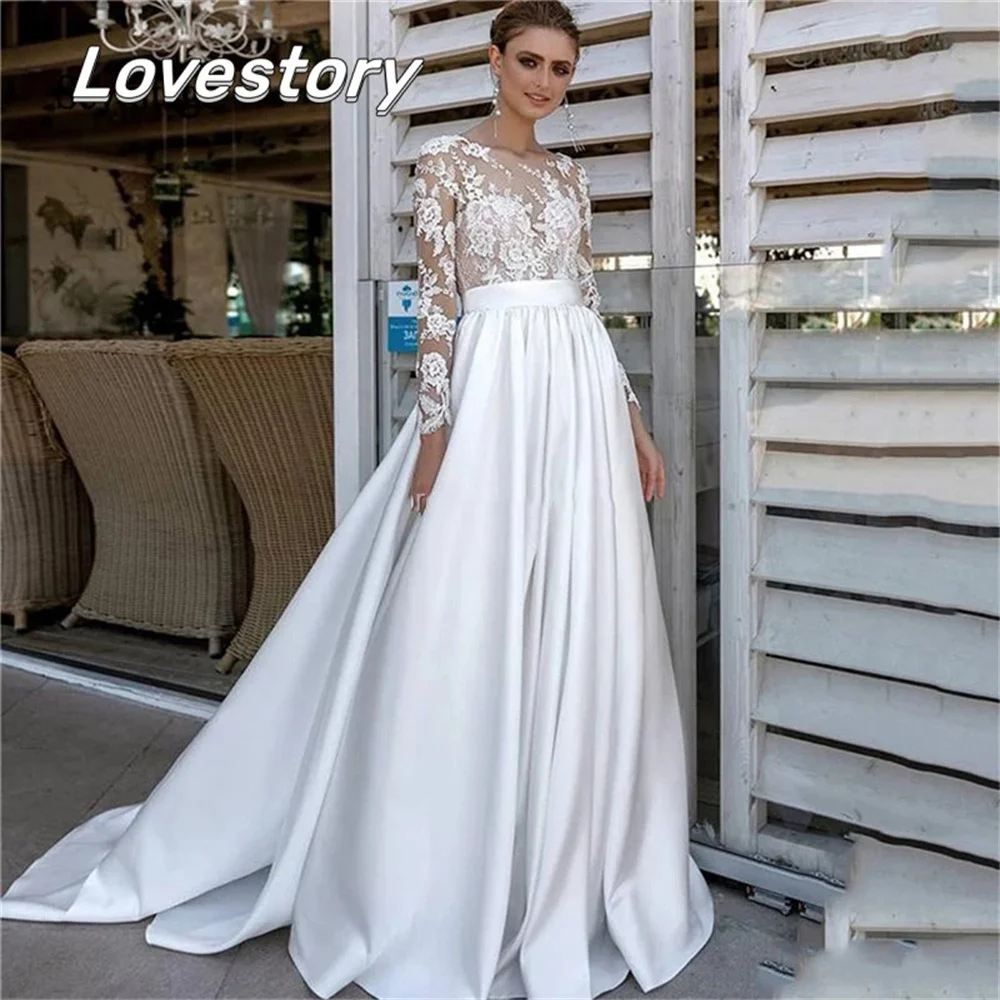 

Long Sleeves Wedding Dresses Scoop Neck A-Line Ivory White Bridal Gowns Custom Made Appliques Pearls Beading Vestidos De Noiva