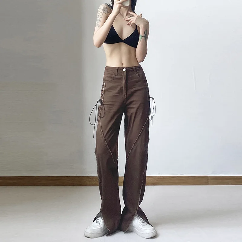 

High Street Brown Fashion Zipper Lace-up Jeans High Waist Straight Loose Casual Versatile Trousers Wide Leg Split Pants Women