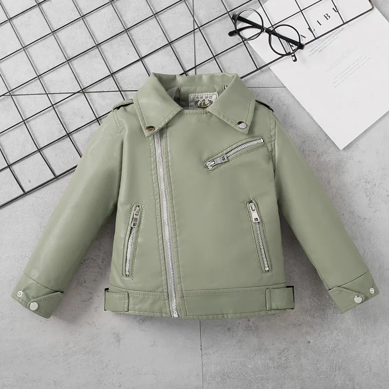 

3-8 Years Kids Leather Jacket For Girls Zipper Pocket Turn Down Collar Children PU Leather Coat Solid Baby Cool Top