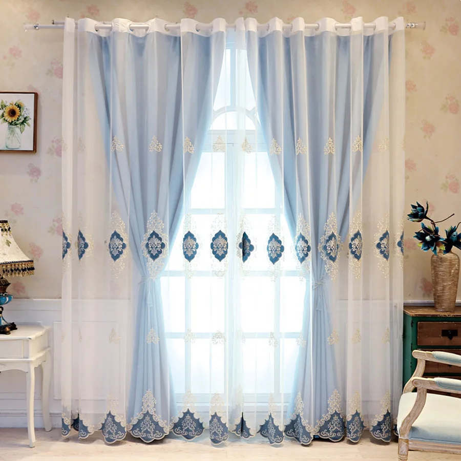 

European Blue Velvet Double Deck Embroidered Window Screen Tulle For Bedroom Exquisite Drape Voile Curtains For Living Room