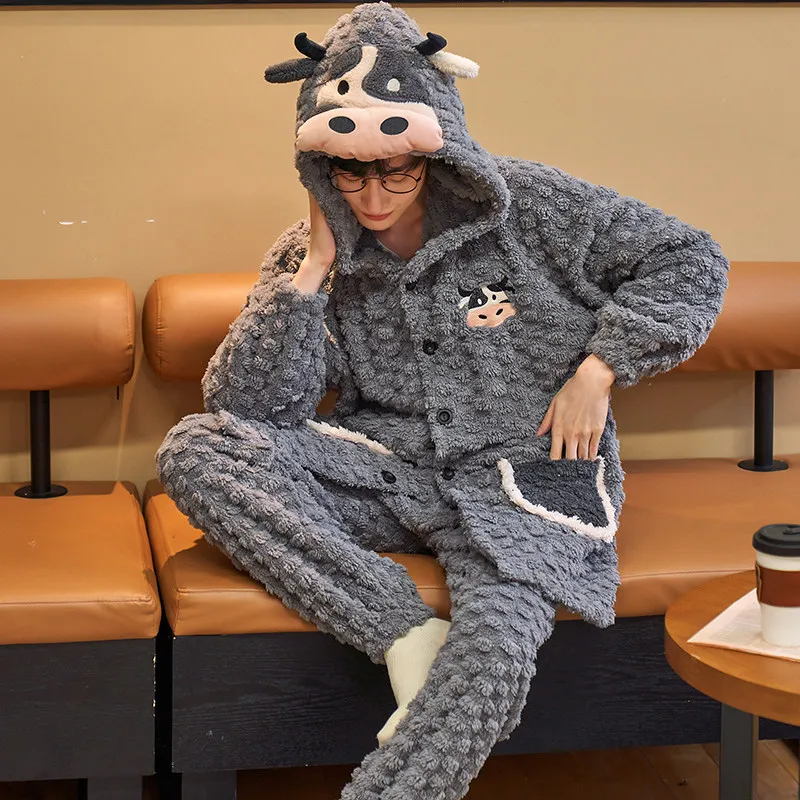 FUNISHI Men Sleepwear Plus Size 4XL Winter Pajamas Flannel Loose Version Pullover Nightgown Coral Fleece Inspissate Pajama Set