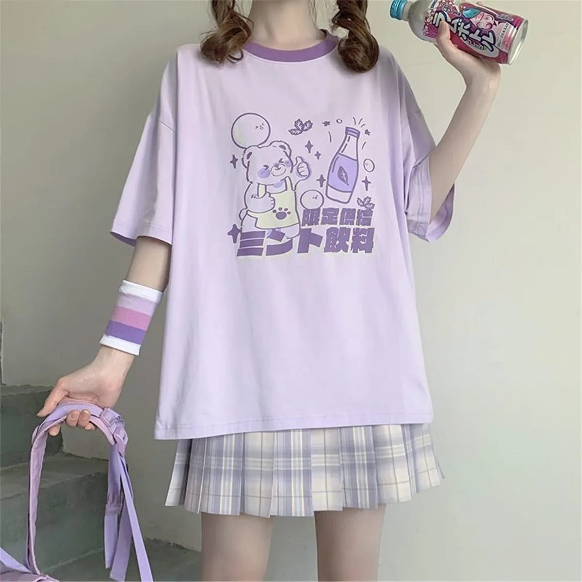 

Purple Bear Print Tshirt Streetwear Loose Summer Tops Women Short Sleeve T-Shirt Children Tops Tee Hip Hop Anime Tshirt Girls