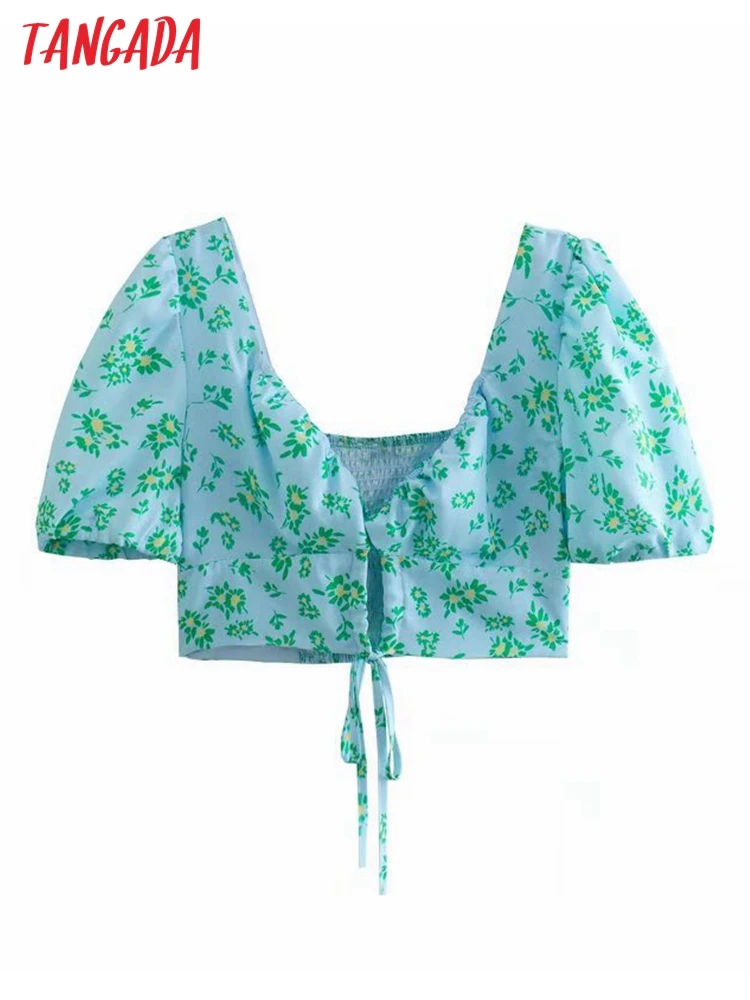 

Женская укороченная рубашка с цветочным принтом и бантом