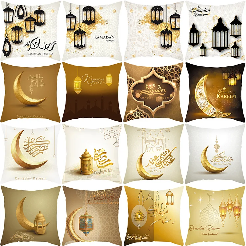 

Eid Mubarak Ramadan Golden Moon Ethnic Print Pillowcase Polyester Cushion Cover Decorative Pillowcase for Home Bedroom