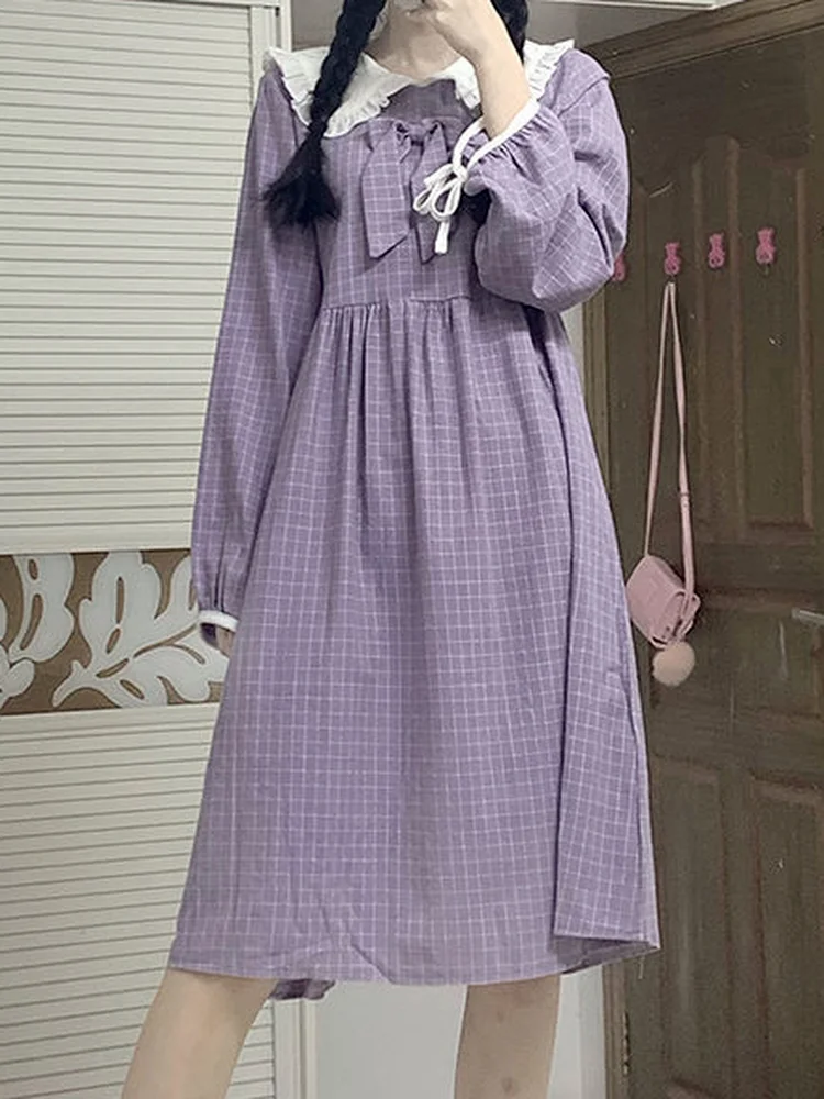 

Vestidos New Sweet Kawaii Plaid Purple Dress Women Japanese Preppy Style Mori Soft Girl Dresses Cute Fairy Peter Pan Collar 2023