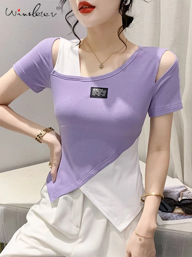 

Winsleter Summer European Clothes T-Shirt Woman Color-Blocking Slim Cotton Tops Short Sleeve Stretchy Irregular Bottom T34821M