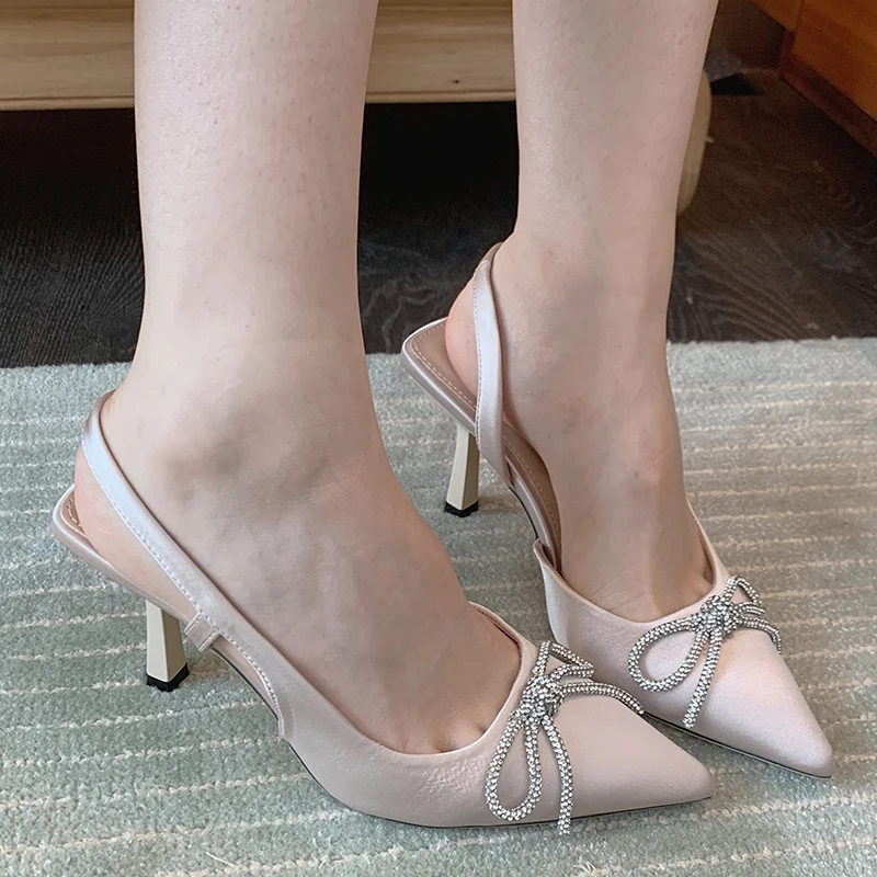 

2022 Women Pumps Butterfly-knot Rhinestones High Heels Female Sandals Fashion Pointed Toe Sexy High-Heeled Shoes For Slides