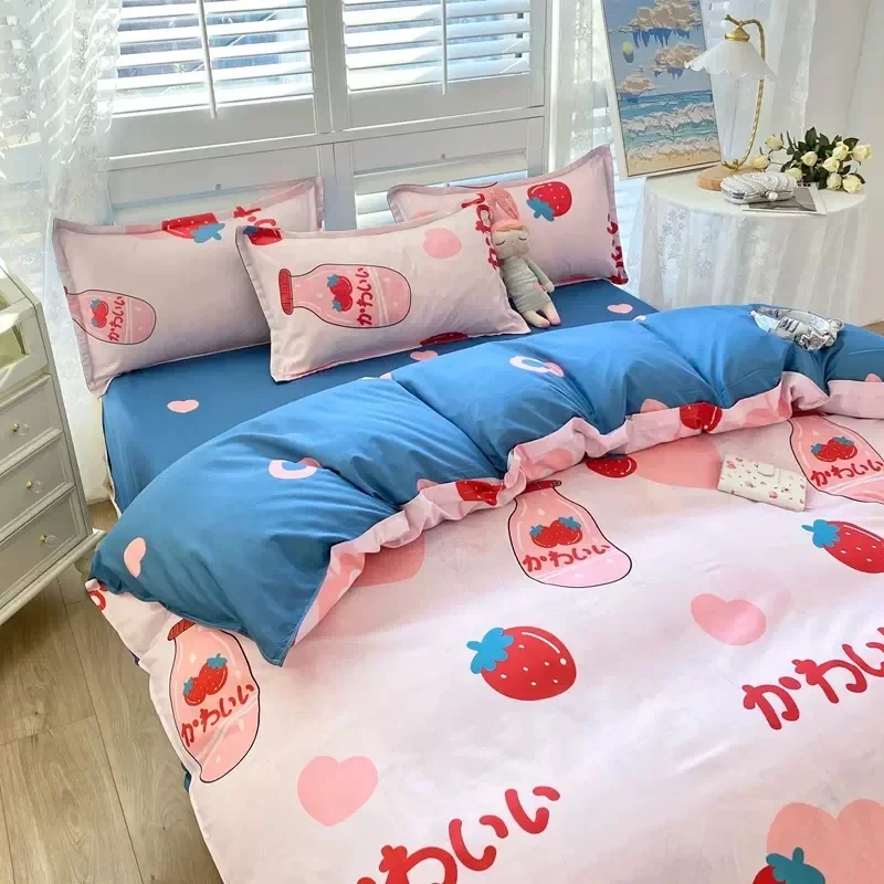 

Kawaii Bear Bedding Set Smiple Duvet Cover Flat Bed Sheet Pillowcase Queen King Size Soft Bedclothes for Girl Kids Home Textile