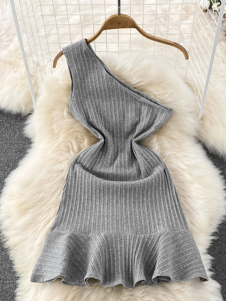 

Hikigawa Chic Fashion Sexy Diagonal Collar Off Shoulder Slim Fit Mini Dresses Women Solid Knitted Ruffled Mermaid Vestidos Mujer