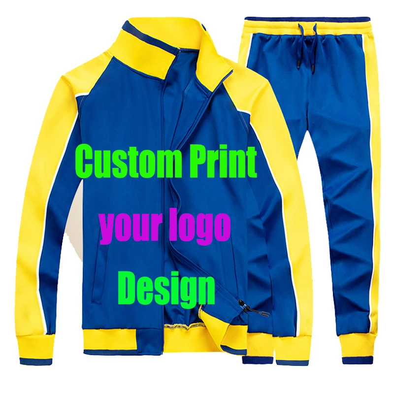 Custom Printing Mens Sweatsuit Sets 2 Piece Zipper Jacket Track Suit Pants Man Tracksuit Male Sportswear Set