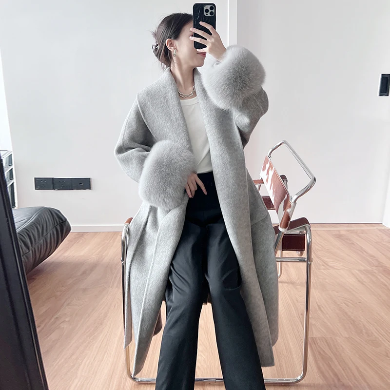 

New high-end gray bathrobe style lace-up long double-sided wool coat for women luxury natural fox fur cuff woolen overcoats ZY02