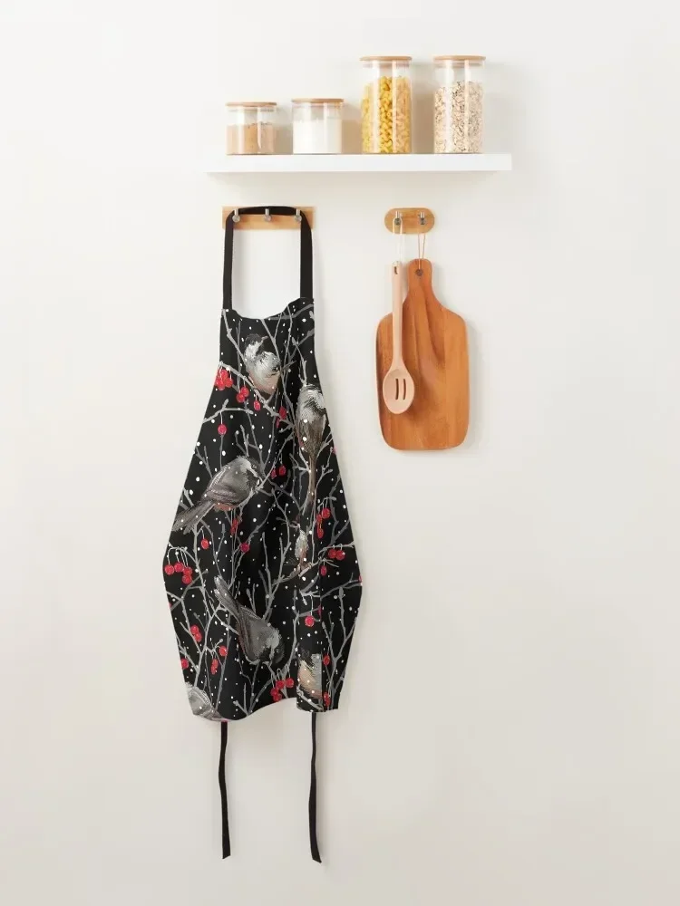 Зимние цыплята на снегу | Черный красный белый серый фартук кухонные предметы