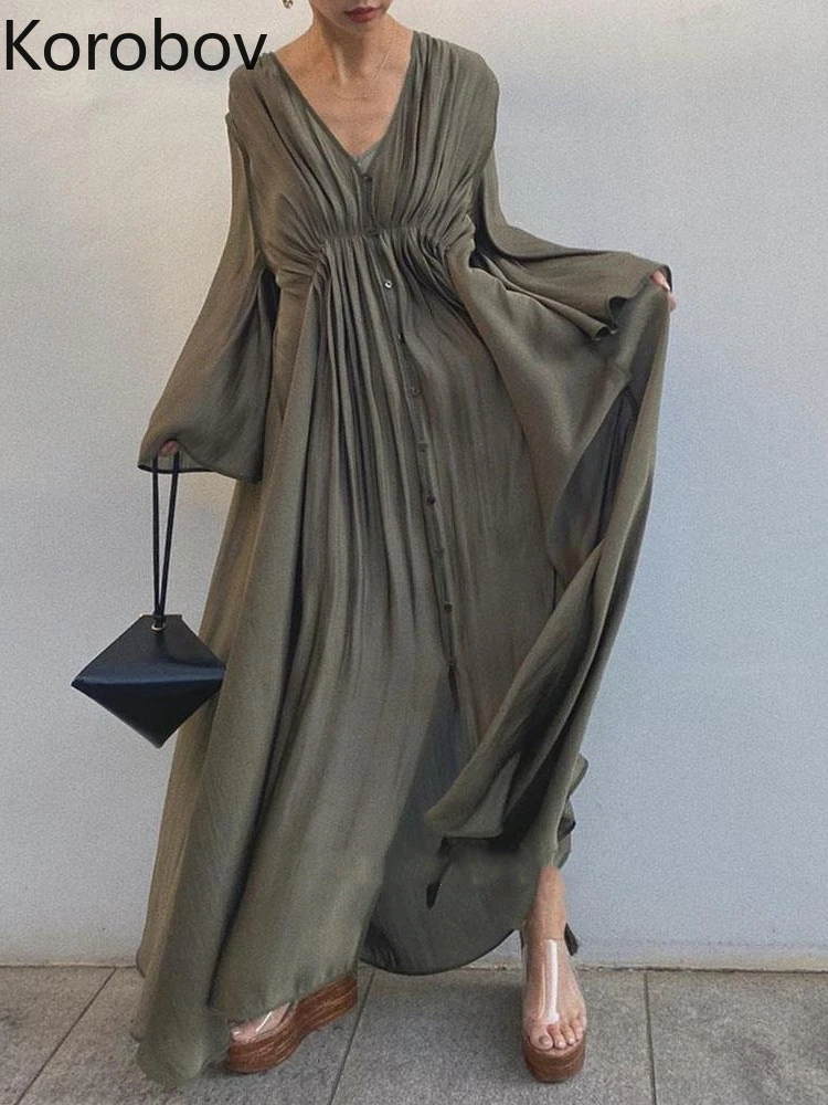 

Korobov Japan Style Holiday Temperament Spring Summer Dress A-LINE Folds Floor-Length Flare Sleeve Luster Robe Vestidos Mujer