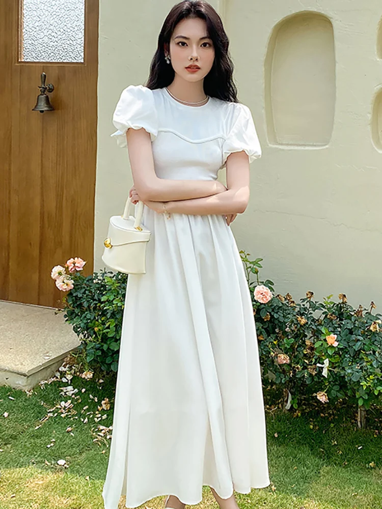 

Summer White Chic Puff Sleeve Elegant Maxi Long Dress Women Korean Vintage Hepburn Dress 2023 Solid Elegant Luxury Evening Dress