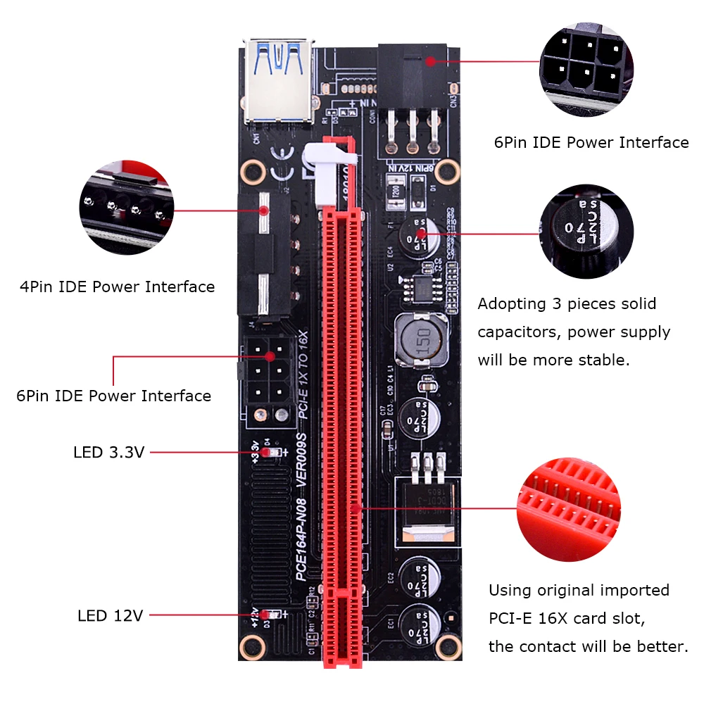 CHIPAL VER009S PCI-E Райзер-карта с светодиодный Одом 009s PCI Express 1X до 16X адаптер 6 контактов