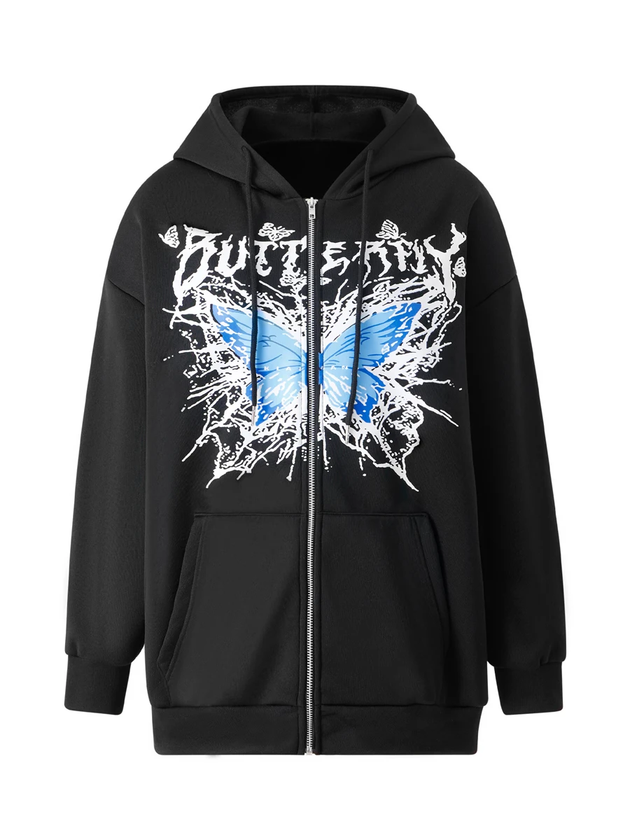 

Women Casual Zip Up Jackets Hoodie Long Sleeve Hooded Butterfly Print Sweatshirt Casual Tops Outwear Sports Jacket
