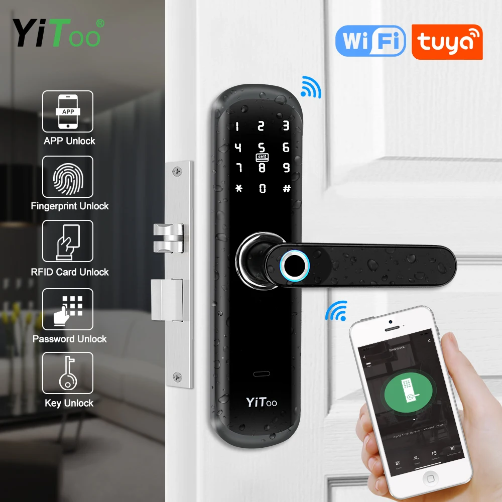 

YiToo S3 WIFI Electronic Smart Door Lock Biometric Fingerprint With Tuya APP Remotely / Rfid Card / Password /Key Unlock