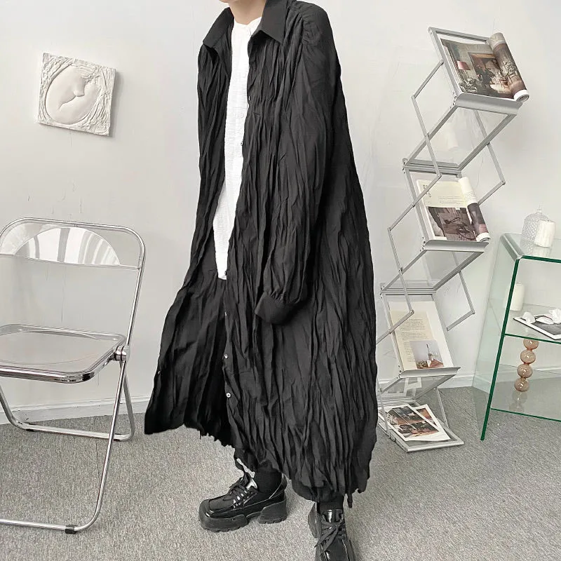Men's Retro Harajuku Long Sleeve Lapel Robe Button Pajamas Loose Pleated Oversized Casual Homewear Solid Color Long Shirt