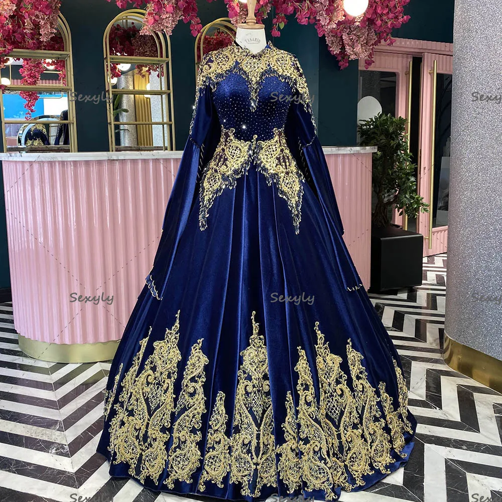 

Роскошное синее вечернее платье Morrocan, мусульманское элегантное платье для выпускного вечера с высоким воротником, кружевное платье с бусин...