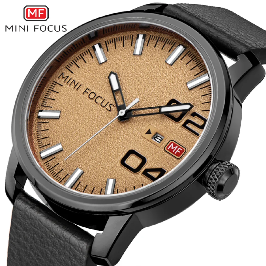 

MINI FOCUS Brand Men Date Watch New Man Clock Men's Genuine Leather Strap Watchs Quartz Waterproof Wristwatch Business Masculine