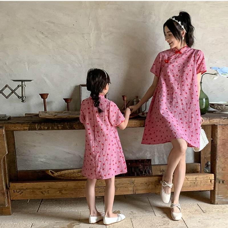 

Mom and daughter dress 2023 New in Family matching clothes Summer Chinese style cheongsam love dress Kids Clothes girl