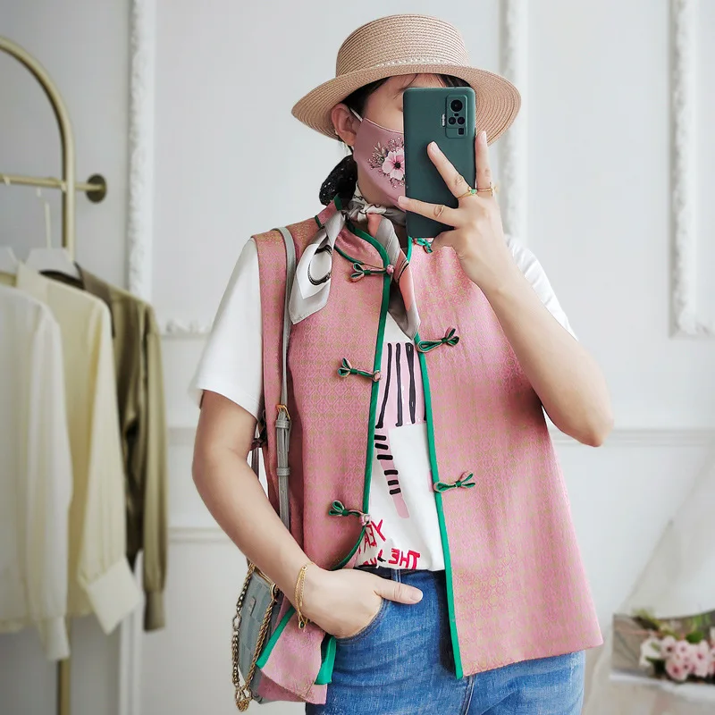 

Jacquard Satin Disc Button Vest Women's Retro Chinese Style Loose Sleeveless Jacket Thin Section 2022 Spring And Summer