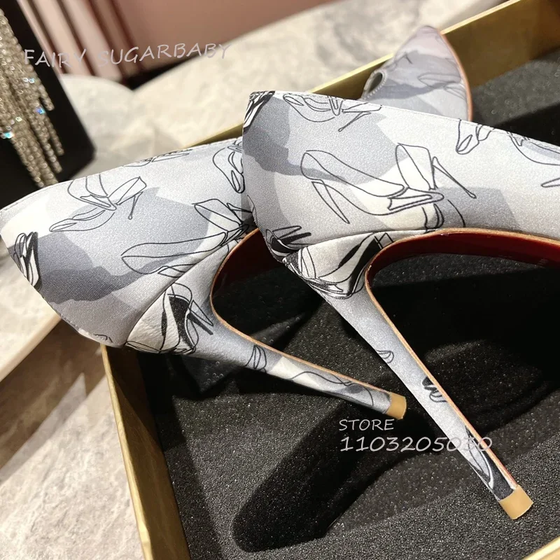 Женские разноцветные атласные туфли-лодочки с граффити серые белые шелковые