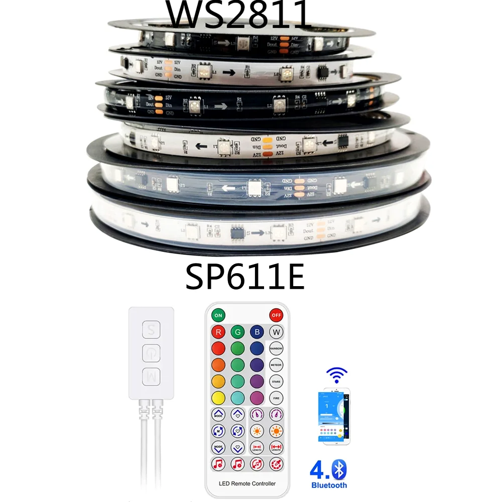 Фото Адресная светодиодная лента WS2811 с черно-белой печатной платой Контроллер IP30/65/67 SP611E Приложение Встроенный микрофон Alexa Google DC5-24V №1