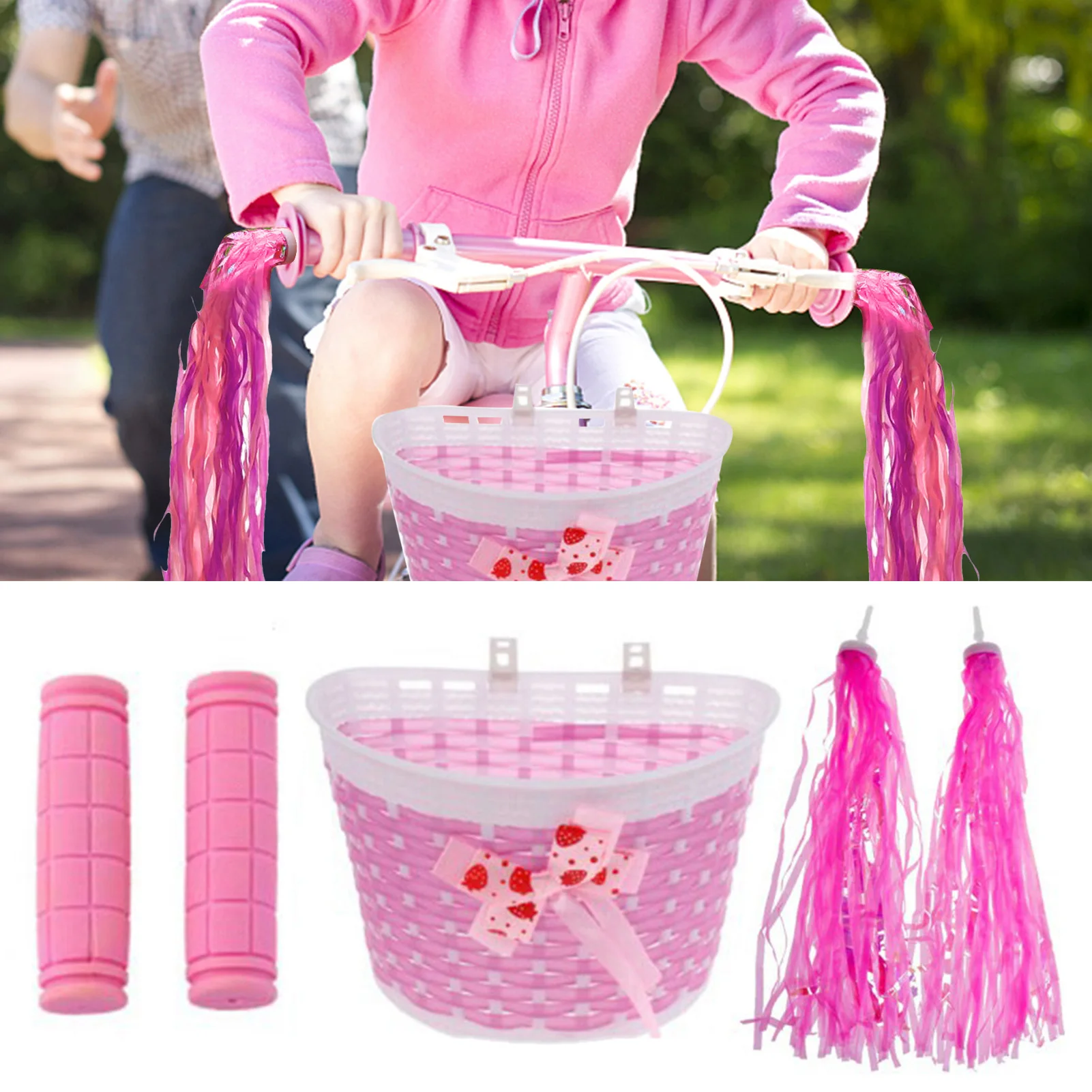 

Kids Girls Cycling Bike Front Basket Shopping Holder Case with Handlebar Grips and Tassels Streamers Children Cycle Bicycle Acce