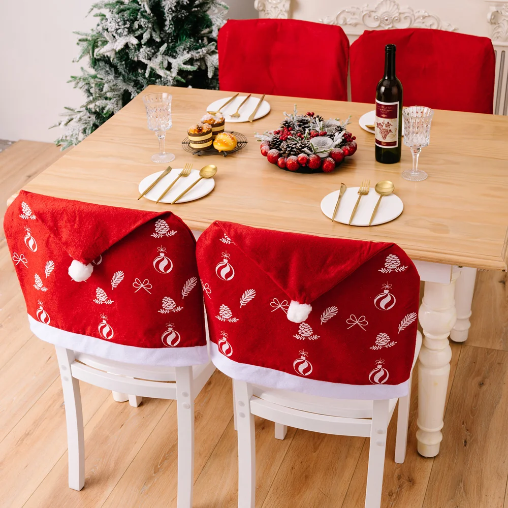 

Christmas Chair Cover Red Non-woven Printing Santa Claus Hat Dining Chair Back Cover Holiday Home Decoration Stool Cover