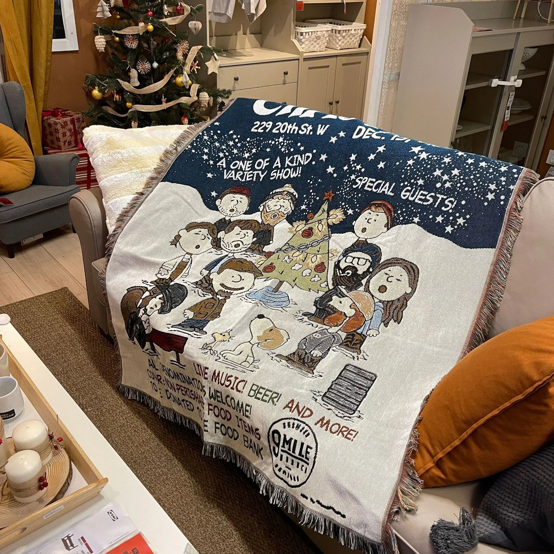 Рождественское мультяшное одеяло Snoopy для дивана Хлопковое из ниток одинарное